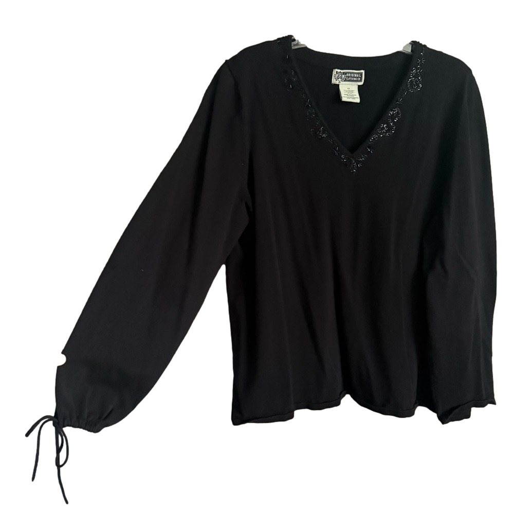 Vintage 90s Route 66 Black Beaded V-Neck Long Sleeve Knit Top Size 1X